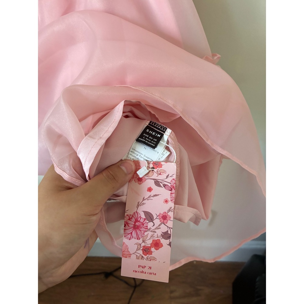 SHEIN MOD Pink Organza Bow Mini Dress Tiered Ruffle Smocked Back NWT L Feminine - Picture 2 of 4